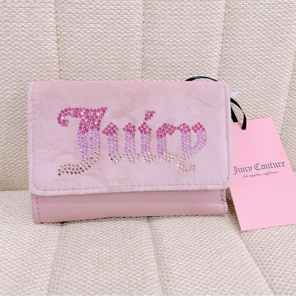 NEW Juicy Couture Pink Faux Fur‎ Rhinestone Logo Trifold Wallet